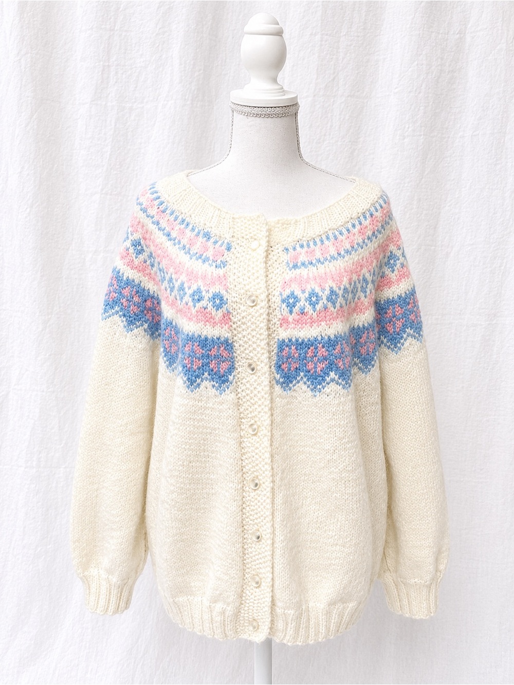 Cream Fair Isle Knit Cardigan Sweater with Pink & Blue Accents